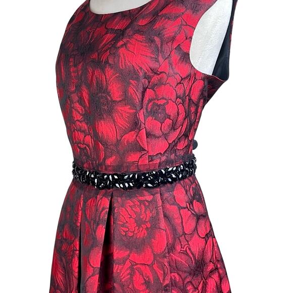 Eliza J Black Embellished Waist Red Floral Brocade Fit & Flare Cocktail Dress - Picture 7 of 12